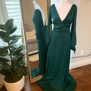 Satin Wrap Dress- Long Hunter green
